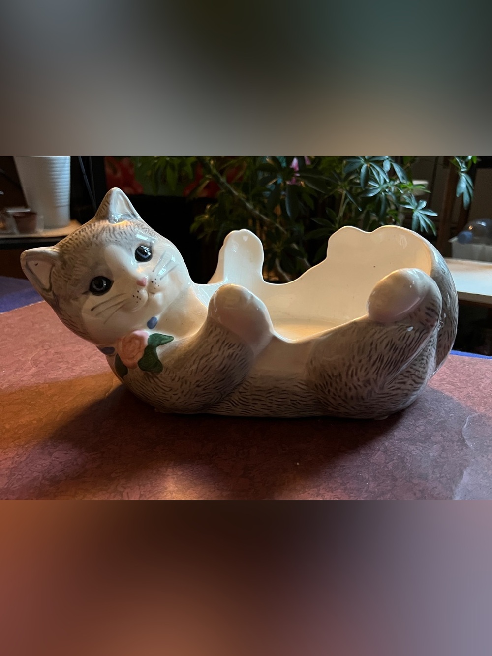 Ceramic Cat Treat Dish / Planter - White and Gray